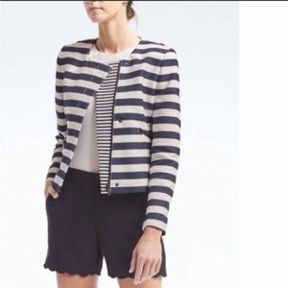 Banana Republic Blue and White Classic Stripe Moto Style Jacket Women's Size 8